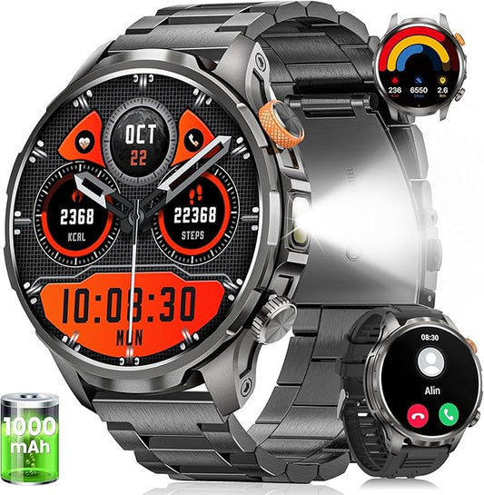 Smart Watches for Men, Military Smart Watch with 100 Days Battery/Flashlight/Heart Rate/Sleep/SpO2 Monitor/Call/110+ Sports Mode, 5 ATM Rugged Men's Fitness Tracker Watch for Android iPhone Compatible
