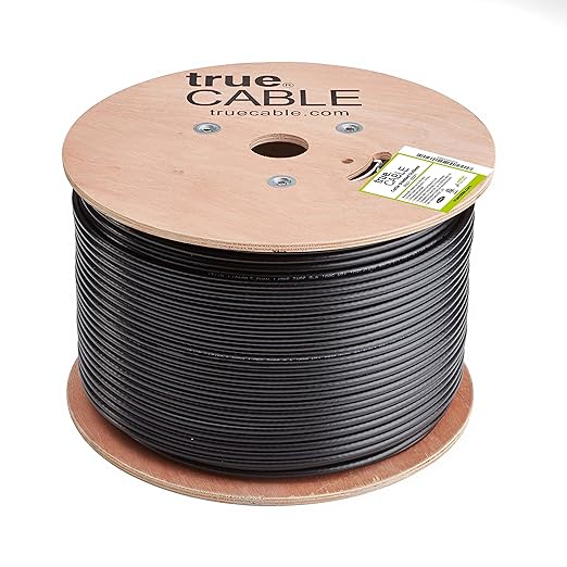 trueCABLE Cat5e Outdoor, Shielded F/UTP, 1000ft, UV Resistant, CMX Rated, Black, 24AWG Solid Bare Copper, 350MHz, PoE++ (4PPoE), ETL Listed, Bulk Ethernet Cable