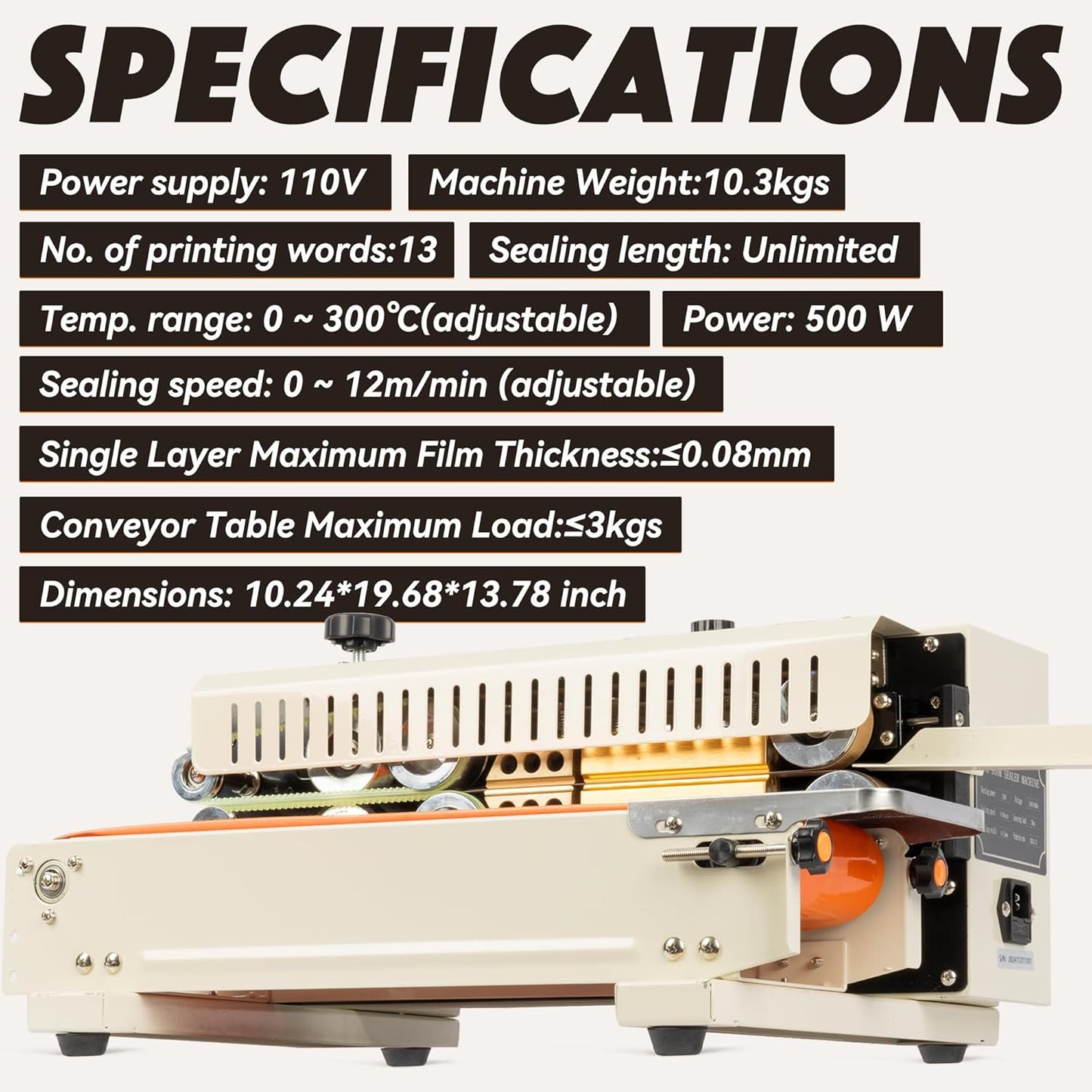 U.S. Solid Continuous Bag Band Sealer Tabletop Sealing Machine, Automatic Horizontal Band Sealer with Digital Temperature Control for 0.02-0.08mm PVC Bags Films Stamp Coding 110V