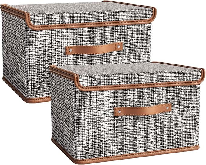 Tuza 2 Pack Storage Bins with Lids, Collapsible Closet Organizer Container, Fabric Organizer Box with Handles, Decorative Storage Boxes with Lids for Organizing Clothes, Sheet, Light Grey, Extra Large