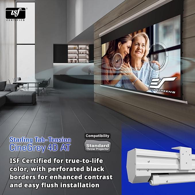 Elite Screens 110-Inch Motorized Projector Screen 16:9, CineGrey 4D at CLR/ALR, Acoustically Transparent, ISF Certified, Tab-Tensioned Electric Drop Down for Home Theater, STT110XHD4AT-E12