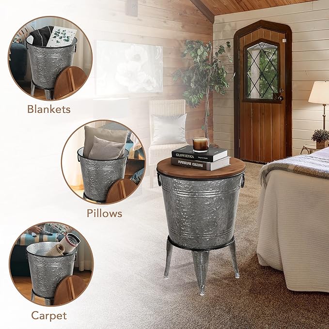 Rustee Rustic Storage Farmhouse Accent Side Table,Antique Galvanized Metal End Coffee Cocktail Table Box Bin with Round Wooden Lid Set of 2 (Galvanized),HC2009WT,One size
