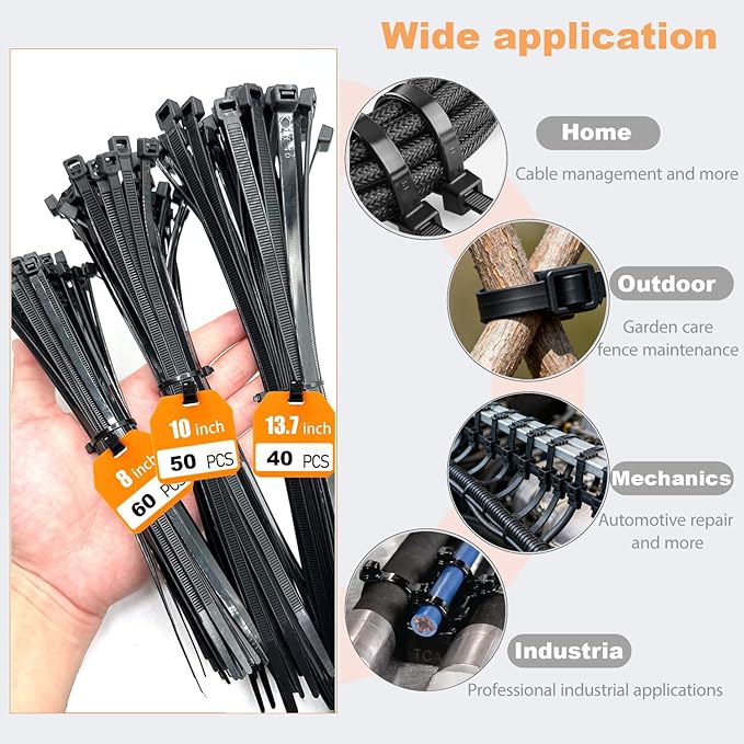 150 Pcs Heavy Duty Wire Ties,3 Sizes 8/10/13.7 Inch Black Nylon Electrical Zip Tie,65 lbs-100lbs Cable Ties Tensile Strength for Indoor&Outdoor Electrical Wiring,Industrial Use,Gardening,Weatherproof