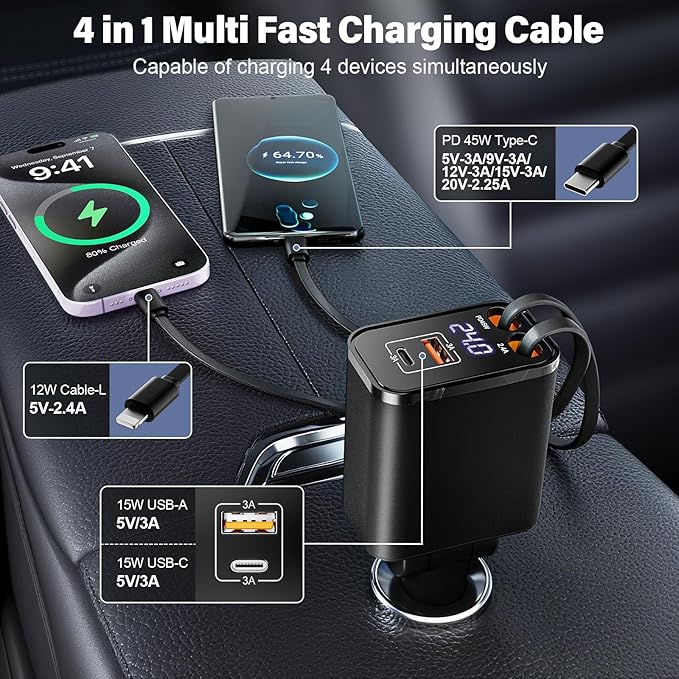 Retractable Car Charger USB C 4 in 1 87W Cigarette Lighter Car Phone Charger Adapter for iPhone 17 with Voltage Display Fast Charge for iPhone,Android,Samsung,etc