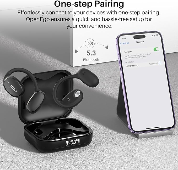 TOZO OpenEgo Open Ear Earbuds Bluetooth Headphones, AI Translation Wireless Earbuds with Real-Time 100+ LanguagesTranslation, 80Hrs Playtime, Digital Display, AI Clear Calls, Comfortable Wear, Black