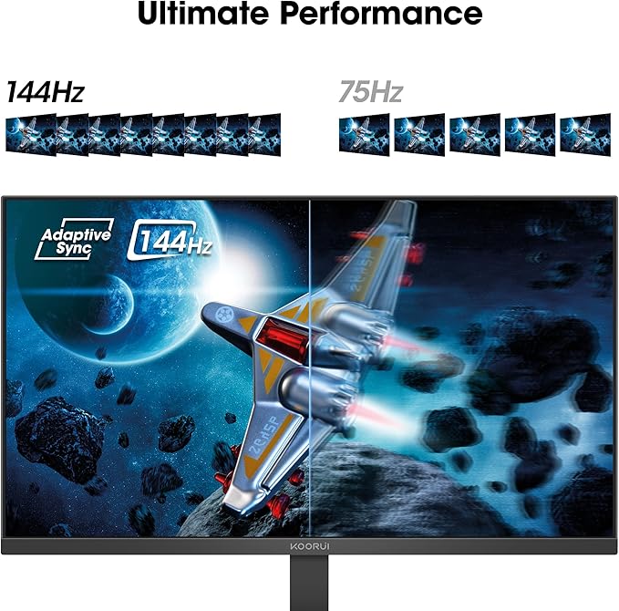 KOORUI 24 Inch Gaming Monitor 144Hz Full HD 1920 x 1080p IPS Ultra-Slim Display with HDMI VGA, Adaptive Sync, 99% SRGB, VESA 100x100mm, Eye Care, Tilt, Black, E2411K