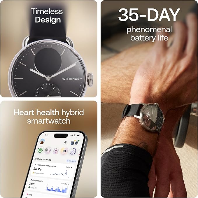 WITHINGS ScanWatch 2 - Hybrid Smart Watch, Heart Rate Monitoring, Fitness Tracker, Cycle Tracker, Sleep Monitoring, GPS Tracker, 30-Day Battery Life, Android & Apple Compatible, HSA/FSA