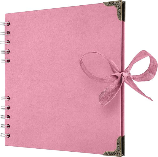 Bstorify Square Scrapbook Photo Albums 7 x 7 Inch Pink Thick Paper, Hardcover, Metal Corners, Ribbon Closure - Ideal for Your Scrapbooking Albums, Art & Craft Projects
