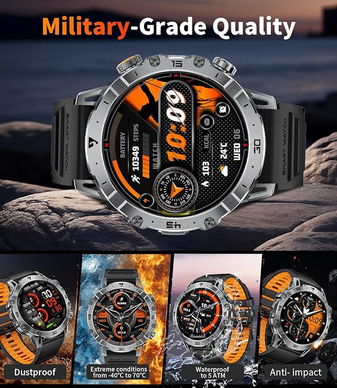 LIGE Smart Watches for Men 1000mAh Battery/LED Flashlight/3 Straps, 1.7" Ultra HD Screen Outdoor Smartwatch with 111 Sports Modes, Bluetooth Call 5ATM Waterproof Fitness Tracker Android iOS,Silicone