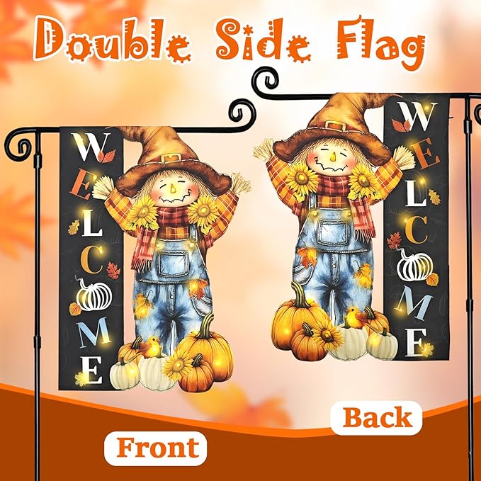 Thanksgiving Lighted Garden Flag, Solar Fall Outdoor Decor Yard Flag,8 Modes Led Scarecrow Flag,28x40 Double Sided Maple Leaf Pumpkin Bird Decorations for Home Porch