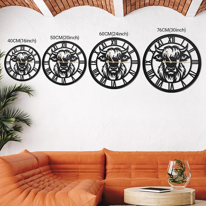 16inch Large Wall Clocks for Living Room Decor,Wall Clocks Battery Operated, Black Slient Metal Decorative Wall Clock for Bedroom, Kitchen, Dining Room (Highland Bull Wall Clock, 16 Inch)