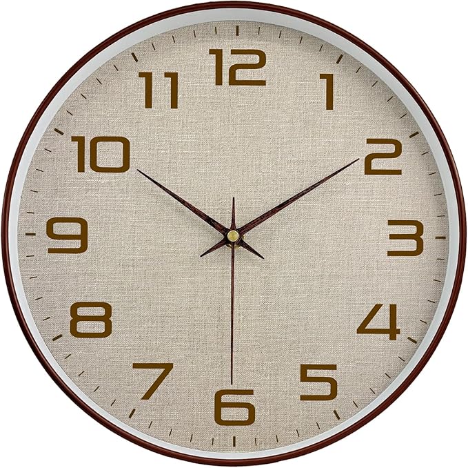 Woodgrain Wall Clocks Battery Operated 12 Inch with Linen Texture Face, Large Number Silent Digital Wall Clock, Non Ticking Analog Clock for Bedroom Living Room Bathroom Kitchen Office,Brown