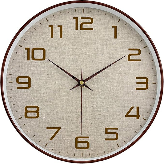 Woodgrain Wall Clocks Battery Operated 12 Inch with Linen Texture Face, Large Number Silent Digital Wall Clock, Non Ticking Analog Clock for Bedroom Living Room Bathroom Kitchen Office,Brown