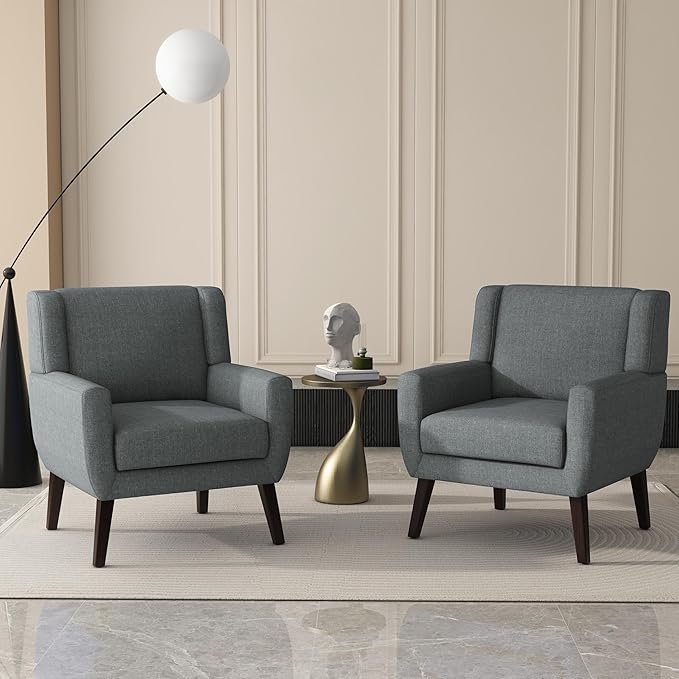UIXE Accent Chairs Set of 2, Fabric Upholstered Armchair for Living Room, Comfy Arm Chair Single Sofa Bedroom Side Reading Seat - Flax Gray