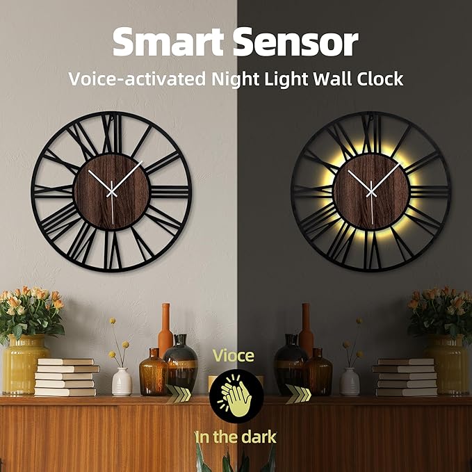 24 Inch Large Metal Wall Clock with Voice and Light Sensor Night Light, Glow in The Dark Non-Ticking Silent Battery Operated Decorative Oversized Wall Clock for Bedroom Living Room Decor