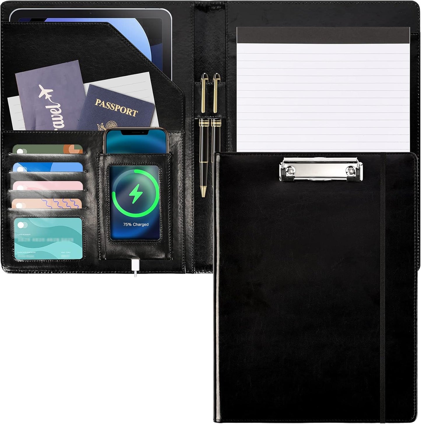 Leather Portfolio for Men Clipboard Notepad Business Black Padfolio Flexible Portfolios