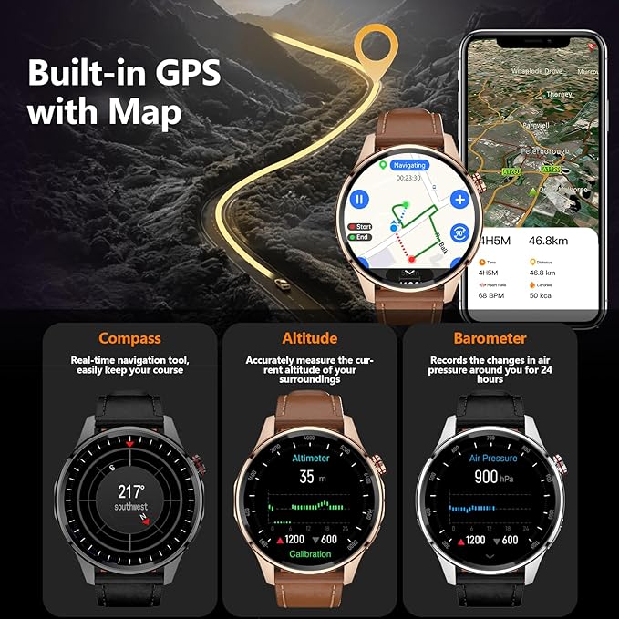 Smart Watch for Men Built-in GPS with Map(Answer/Make Call/Text), 1.46" AI Smartwatch for Android Phones/iPhone, 100+ Sport Mode Fitness Tracker with Health/Sleep Monitor, Compass/Barometer(2 Straps)