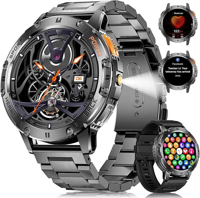 LIGE Military Smart Watch for Men (Answer/Make Calls),1.43’’ AMOLED Smartwatch with Flashlight/530mAh/Pedometer/100+ Sports,5ATM Waterproof Fitness Tracker for Android iOS,2 Straps