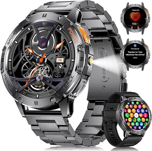 LIGE Military Smart Watch for Men (Answer/Make Calls),1.43’’ AMOLED Smartwatch with Flashlight/530mAh/Pedometer/100+ Sports,5ATM Waterproof Fitness Tracker for Android iOS,2 Straps