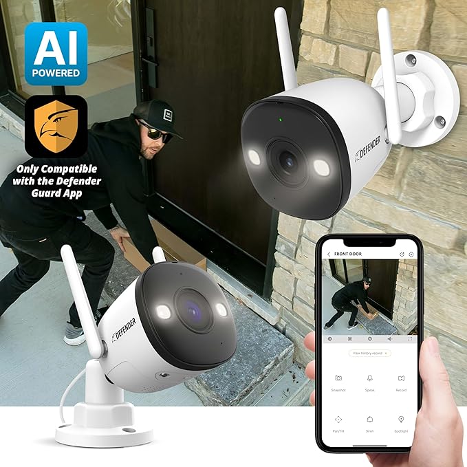 Defender AI Powered 4K Guard Pro 8MP WiFi 6/Bluetooth, Plug-in Power Wireless Security Camera Outdoor - Camera for Home Security with Smart AI Human Detection, Two-Way Talk, Works w/Guard App