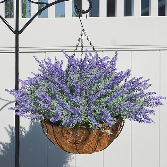 Artificial Hanging Flowers with Basket Fake Summer Lavender for Outdoor Decor, 12 Bundles Faux Purple Outside Decoration Realistic UV Resistant Plants for Porch Balcony Patio Garden Yard