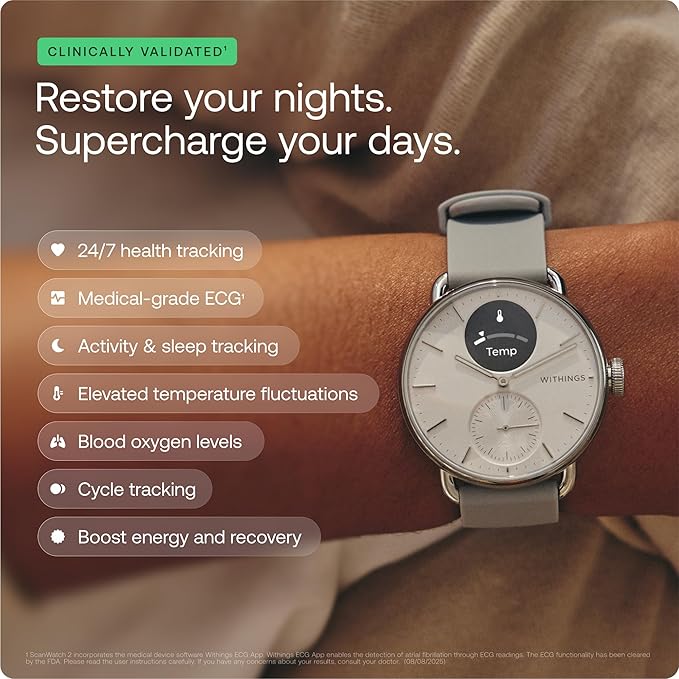 WITHINGS ScanWatch 2 - Hybrid Smart Watch, Heart Rate Monitoring, Fitness Tracker, Cycle Tracker, Sleep Monitoring, GPS Tracker, 30-Day Battery Life, Android & Apple Compatible, HSA/FSA
