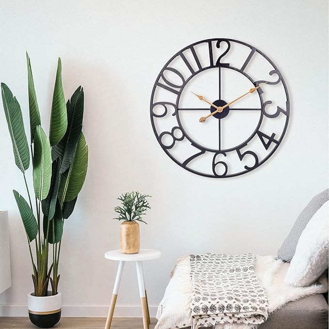 BEW 24 Inch Metal Clock, Large Cut-Out Farmhouse Decorative Wall Clock Battery Operated, Silent Non-Ticking Indoor Outdoor Iron Wall Clock for Living Room, Patio