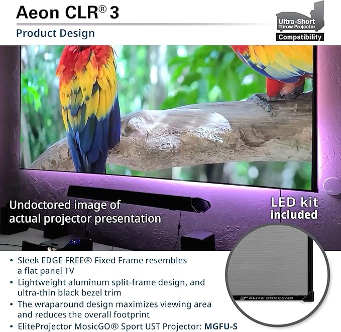 Elite Screens Aeon CLR3 123" UST ALR Projector Screen, 16:9 4K Ultra HD, 90% Ceiling Light Rejecting, Edge-Free Fixed Frame, Grey Screen for Indoor Home Theater & Movies – AR123H-CLR3