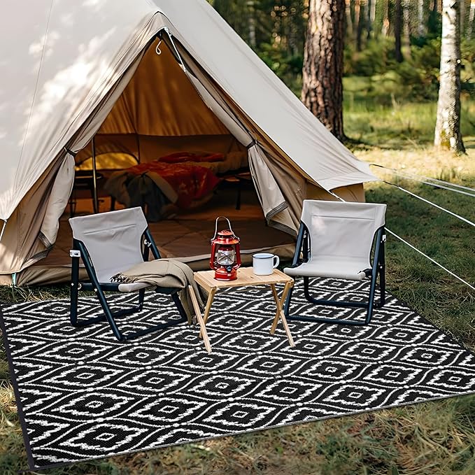 OLANLY Outdoor Rug 6x9 ft Waterproof, Outdoor Plastic Straw Rug with Geometric Pattern Clearance, Reversible RV Mat for Patio, Camping, Balcony, Deck, Backyard, Black & White