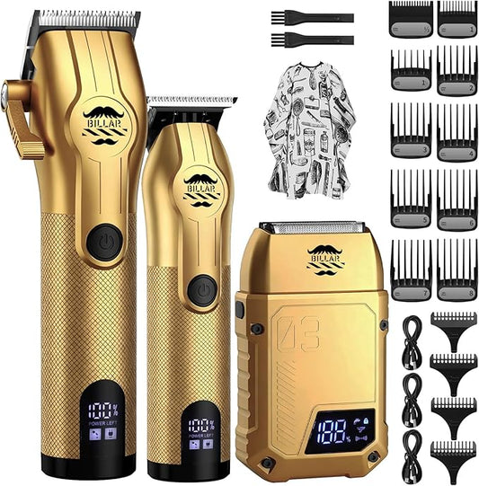 BILLAR Professional Barber Clippers and Trimmer Set - Foil Shaver Professional Hair Clippers for Men, Mens Cordless Hair Clipper for Barbers Haircut Kit（Golden）