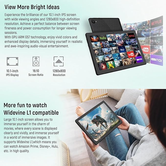Tablet 10 Inch, Android 14 Tablet PC, 8GB RAM+64GB ROM (1TB TF), Octa-Core 2.0 GHz, Bluetooth 5.0, WiFi 6, Widevine L1, 5MP+8MP, 5000mAh,Type-C (Black, 10)