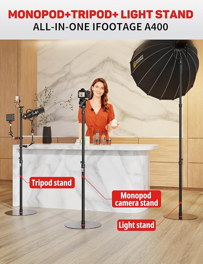 IFOOTAGE A400 Round Base Monopod, 79'' Light Stand Tripod Alternative, Aluminum Studio Camera Tripod Monopod Stand for Video Recording, Live Streaming, Interview, Payload 22lb
