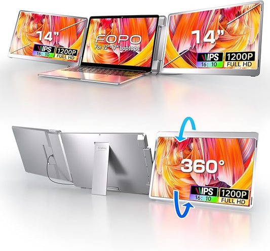 FOPO 14" Triple Monitor Laptop Screen Extender-FHD 1200P 16:10 Laptop Screen Extender, Left Screen 360° Flip Portable Monitor for 12-16.5" Laptops with HDMI/USB-C, Plug & Play - S7