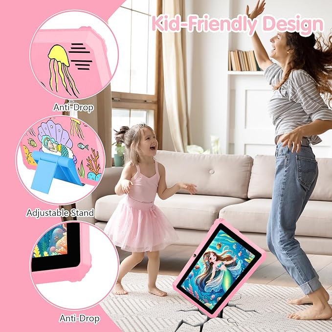 YINOCHE Kids Tablet for Kids 3-7 7'' Andoird Toddler Tablet for Toddlers with Case 32G Kids Tablets with Parental Controls WiFi Dual Camera GMS Certified Learning Toddler Toys for Girls (Pink1)