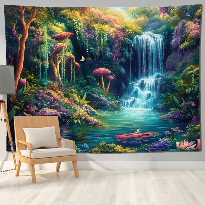 keowhsf Forest Waterfall Tapestry with Mushrooms and Flowers – Colorful Floral Plants Natural Landscape Wall Art, Fantasy Aesthetic Wall Hanging for Bedroom Decor