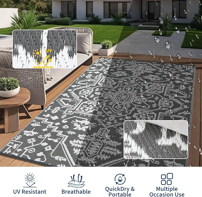 Outdoor Rug 9x12 Waterproof Reversible Plastic Straw Patio Rug, Stain-Resistant Vintage Medallion Carpet, Large Easy-Cleaning Indoor Outdoor RV Mat for Deck, Camping, Balcony, Grey White