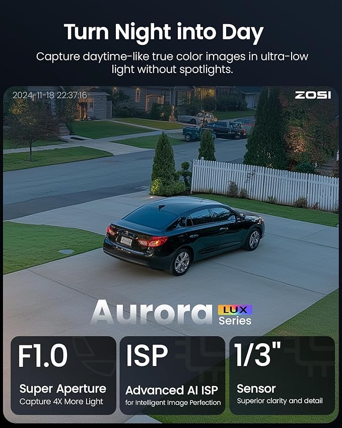 ZOSI C186 5MP 3K Aurora Lux True Color Night Vision PoE IP Security Camera, Smart Person/Vehicle Alerts for Outdoor Indoor Surveillance, Light & Siren Alarms, Two-Way Talk, with Our NVR or PoE Switch