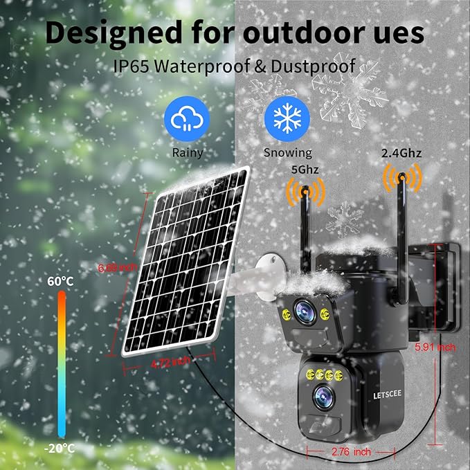 Security Cameras Outdoor WiFi,5G/2.4G Cameras for Home Security Solar Power with Dual Lens,Motion Detection,Night Vision,2-Way Audio,Weather Proof,No Subscription Fee