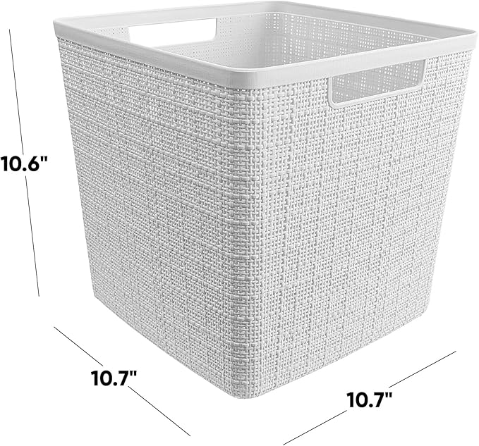 Curver Jute Decorative Plastic Organization and Storage Basket Perfect Bins for Home Office, Closet Shelves, Kitchen Pantry and All Bedroom Essentials, White, Large Cube, Set of 4