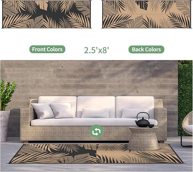 GENIMO Outdoor Rug 2.5' x 8' Waterproof for Patios Clearance, Reversible Outdoor Plastic Straw Camping Rug Carpet, Large Area Rugs Mats for RV, Camper, Deck, Balcony, Porch, Beach, Picnic, Black&Brown