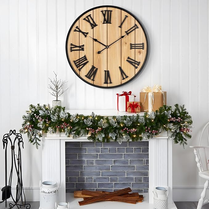 Large Wall Clock 24IN, Silent Metal Wood Style Wall Clocks Battery Operated for Living Room Decor, Farmhouse Big Wall Clock, Outdoor