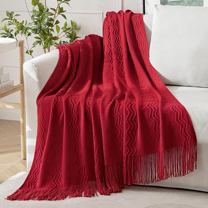 MIULEE Burgundy Red Knitted Throw Blanket for Couch Boho Textured Cozy Woven Blanket with Tassels for Sofa Chair Bed Living Room Acrylic Wave Pattern 50"x60"