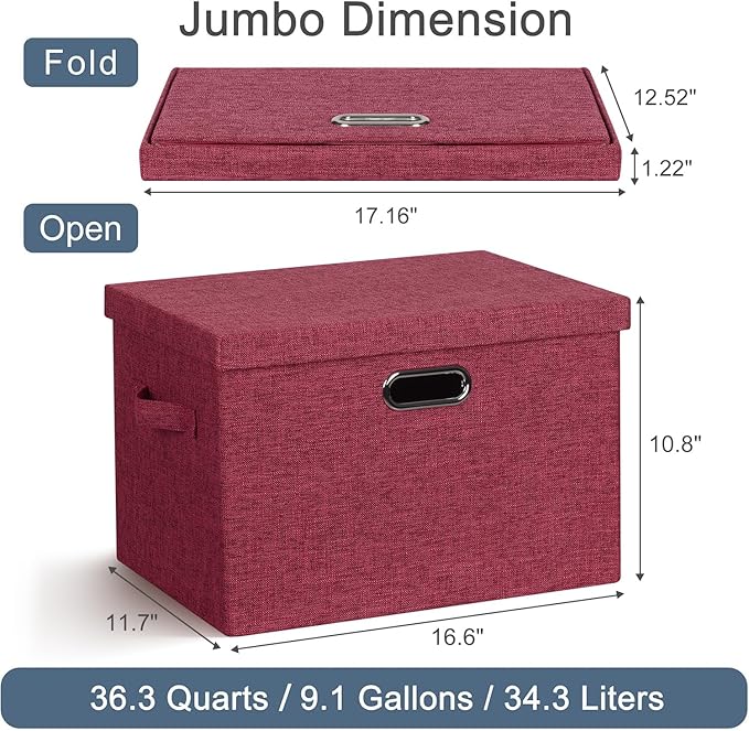 Large 17" 36 Quart Collapsible Stackable Storage Bins with Lids, 3 Packs Bright Red Linen Fabric Closet Boxes with Lids, Storage Cube Baskets Container Organizers for Office (17x12x11)