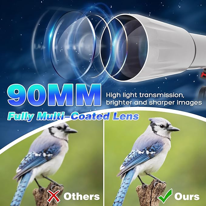 Telescope for Adults High Powered, 90mm Aperture 900mm Professional Astronomical Refractor Telescope for Beginners, Fully Multi-Coated High Light Transmittance for Ground&Moon Observation（Silver Gray）