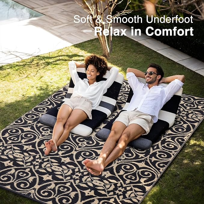 OLANLY Outdoor Rug Waterproof 6x9 ft Clearance, Reversible Outdoor Plastic Straw Rug with Floral Pattern, RV Mat for Patio, Camping, Balcony, Deck, Backyard, Black & Beige