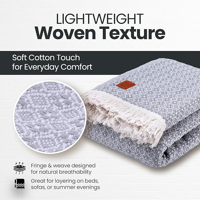 Gold Case Throw Blanket for Bed – 100% Recycled Turkish Cotton Bed Blanket – Decorative Throw Cotton Blankets for Living Room & Bedroom – Retro Grey Woven Queen Blankets – 90x90
