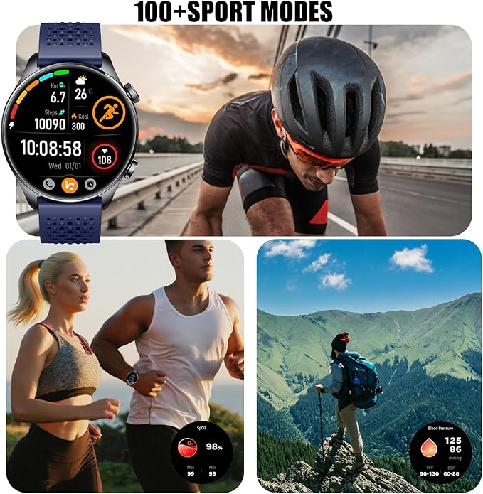 Smartwatch for Men & Women, 1.43" AMOLED Fitness Tracker GPS, Bluetooth Call, Heart Rate, Blood Oxygen (SpO2), Sleep Monitor, 100+ Sports Modes, iPhone & Android – Blue