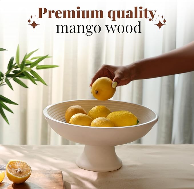 Folkulture Wooden Fruit Bowl for Kitchen Counter | 12" Large Premium Eco Friendly Banana Fruit Basket for Kitchen | White Wood Bowl with Holder, Pedestal for Table Decor, Centerpiece for Dining Table