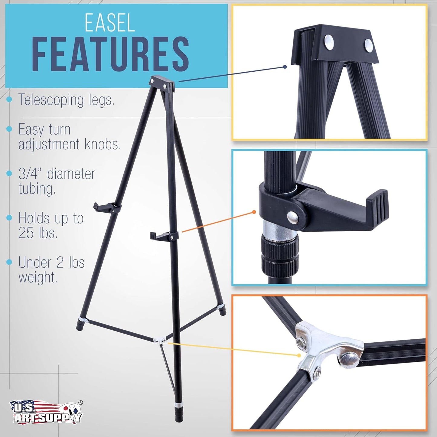 U.S. Art Supply 66" High Black Metal Display Art Easel (4 Pack) - Large Adjustable Height Portable Easel Stand, Sign Display, Holds 25 lbs - Floor & Tabletop Easels, Sign Stand