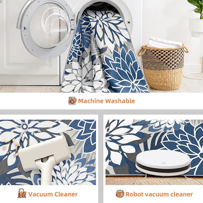 Indoor Outdoor Area Rug Washable Multicolored Patio Rug Tropical Botanical Modern Floral Indoor Outdoor Carpet Blue White Rug Non Slip for Patio, Deck, Backyard, Porch (8x10)